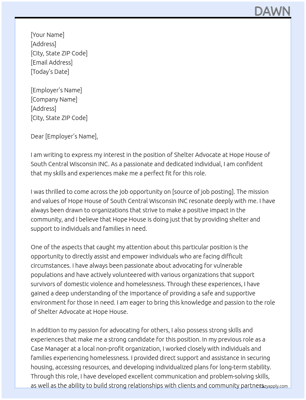Shelter advocate  At Hope House of South Central Wisconsin INC Cover Letter