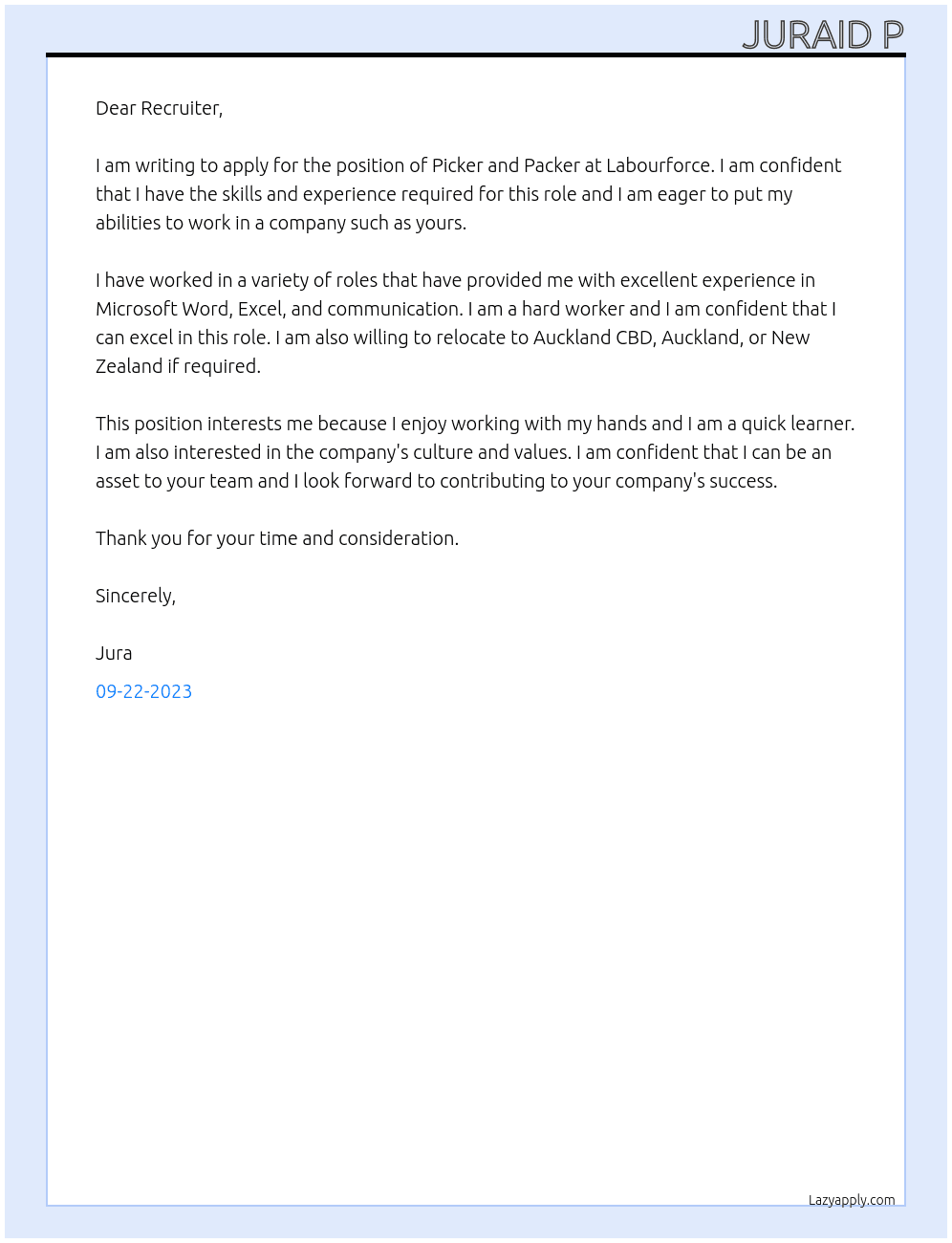 Picker and packer  At Labourforce Cover Letter