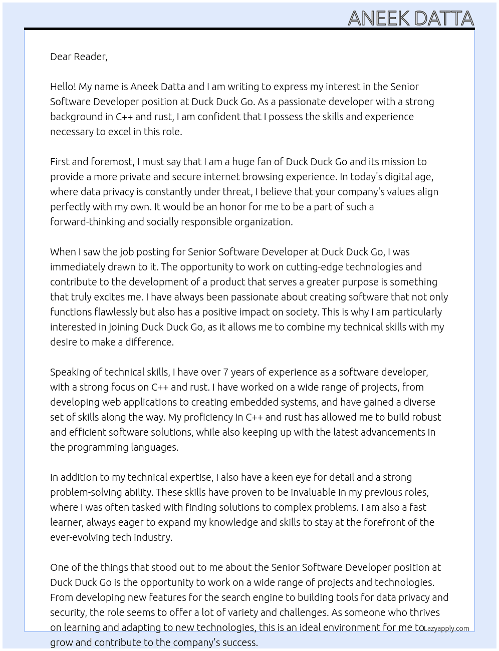 Senior Software Developer At Duck Duck Go Cover Letter