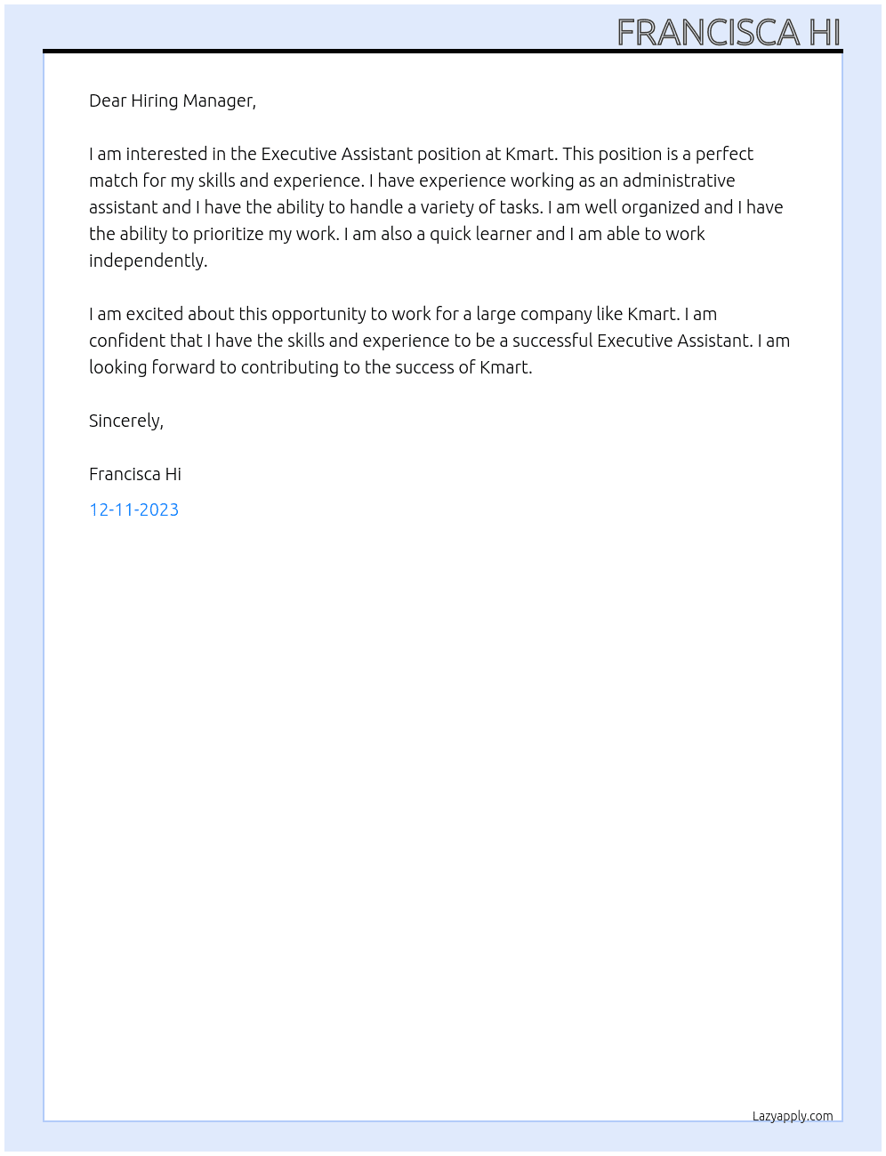 Executive Assitant At Kmart Cover Letter