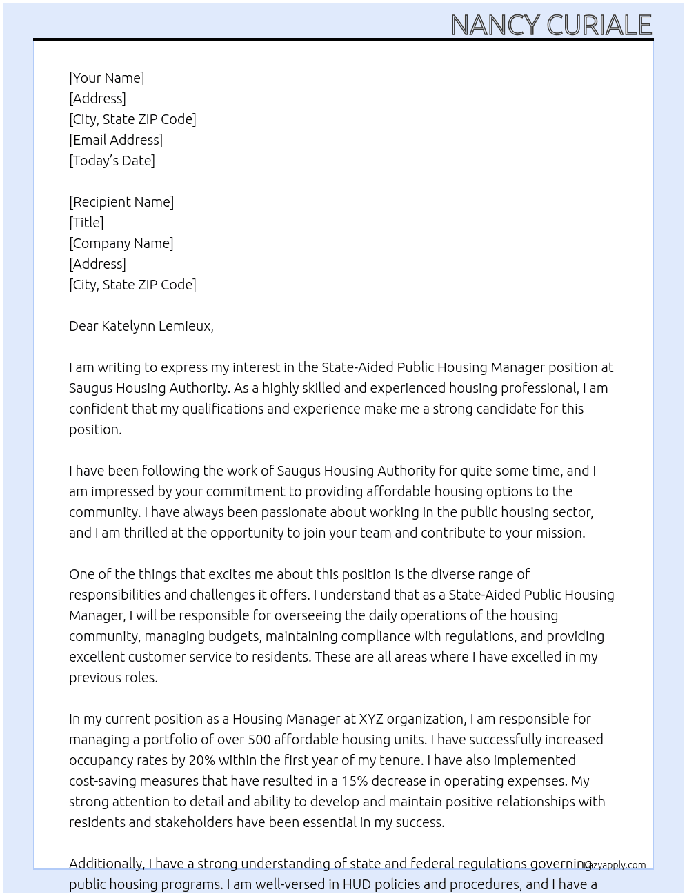 State-Aided Public Housing Manager At Saugus Housing Authority Cover Letter