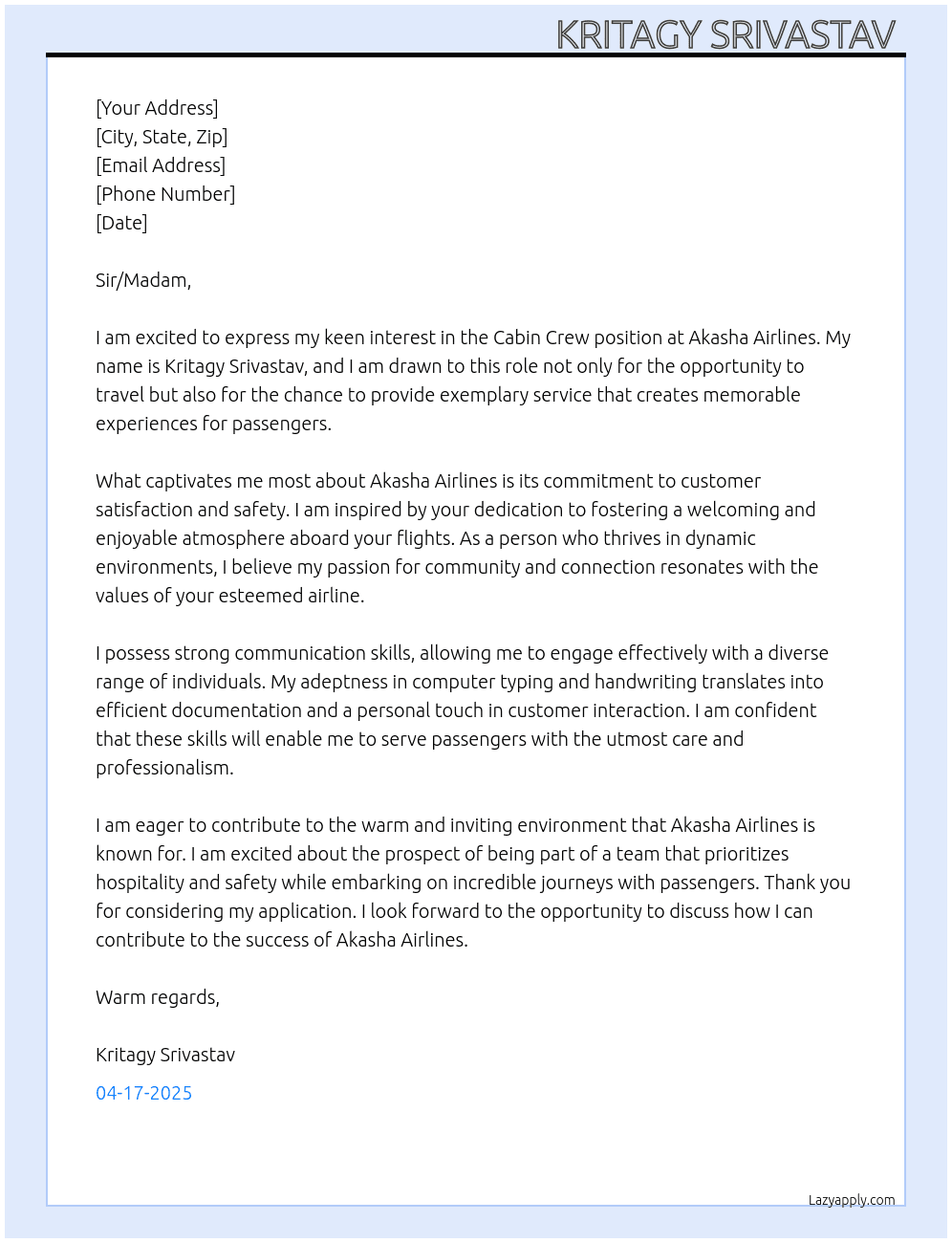 Cabin crew  At Akasha airlines  Cover Letter