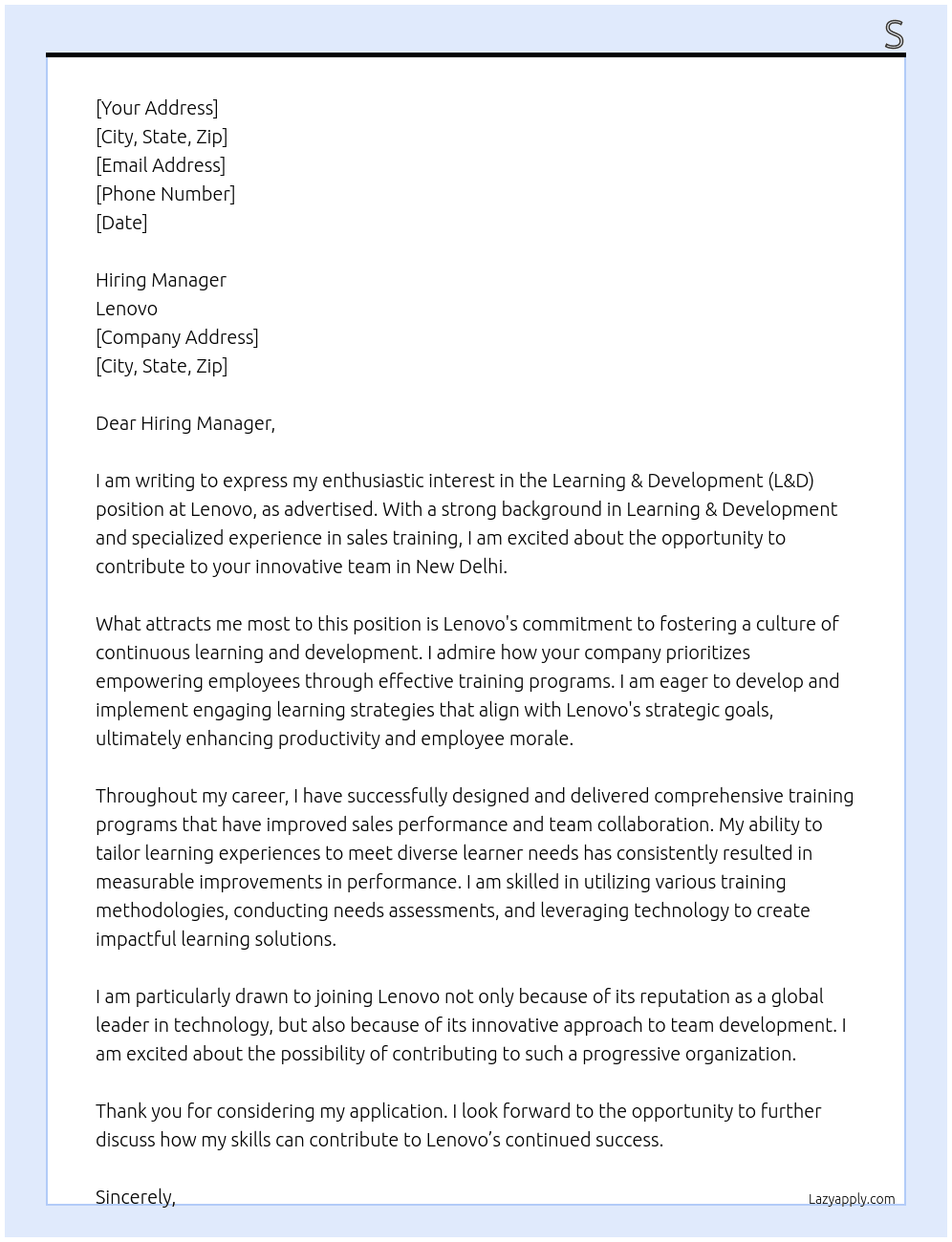 Cover letter for l&d - LazyApply