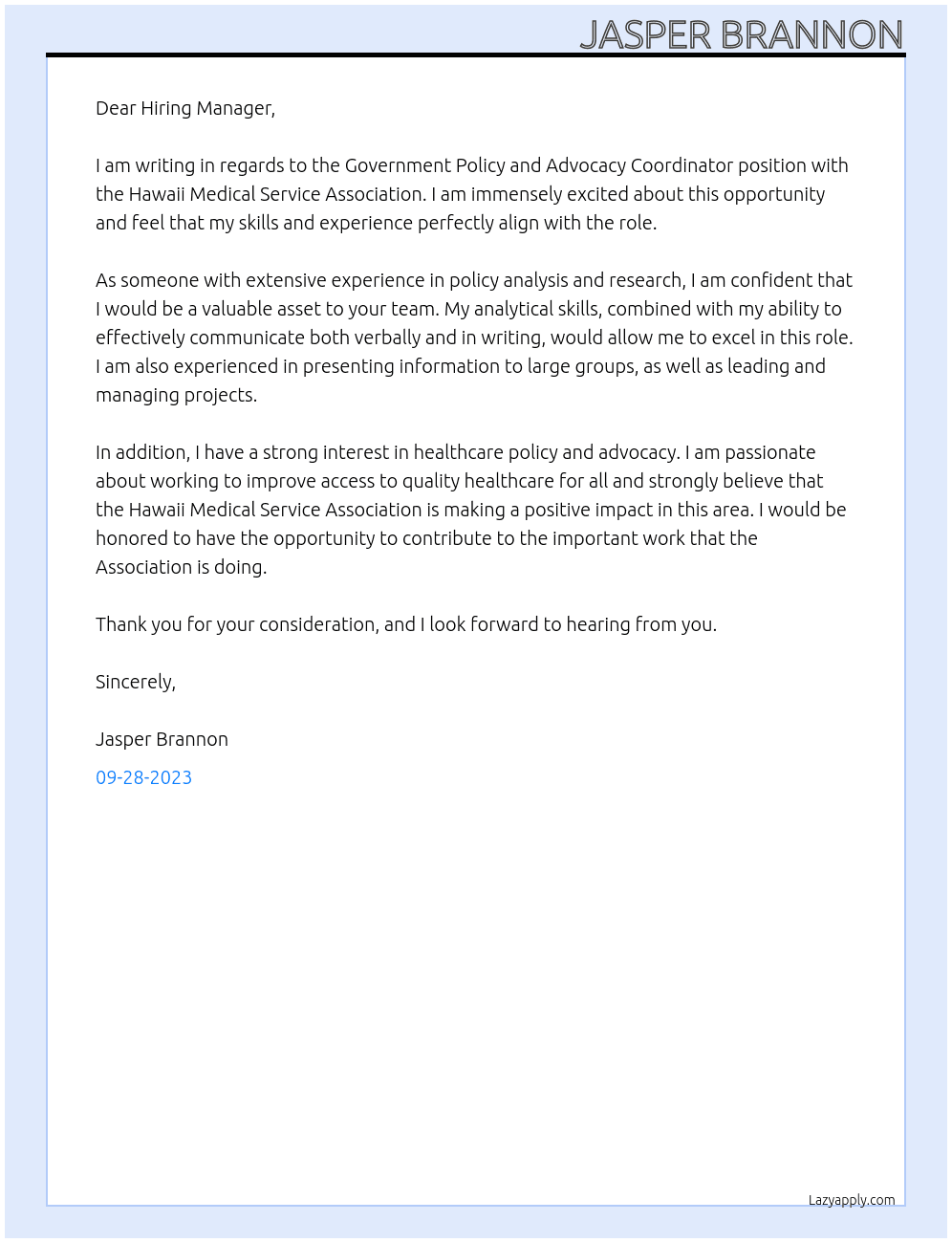 Government Policy and Advocacy Coordinator At Hawaii Medical Service Association Cover Letter