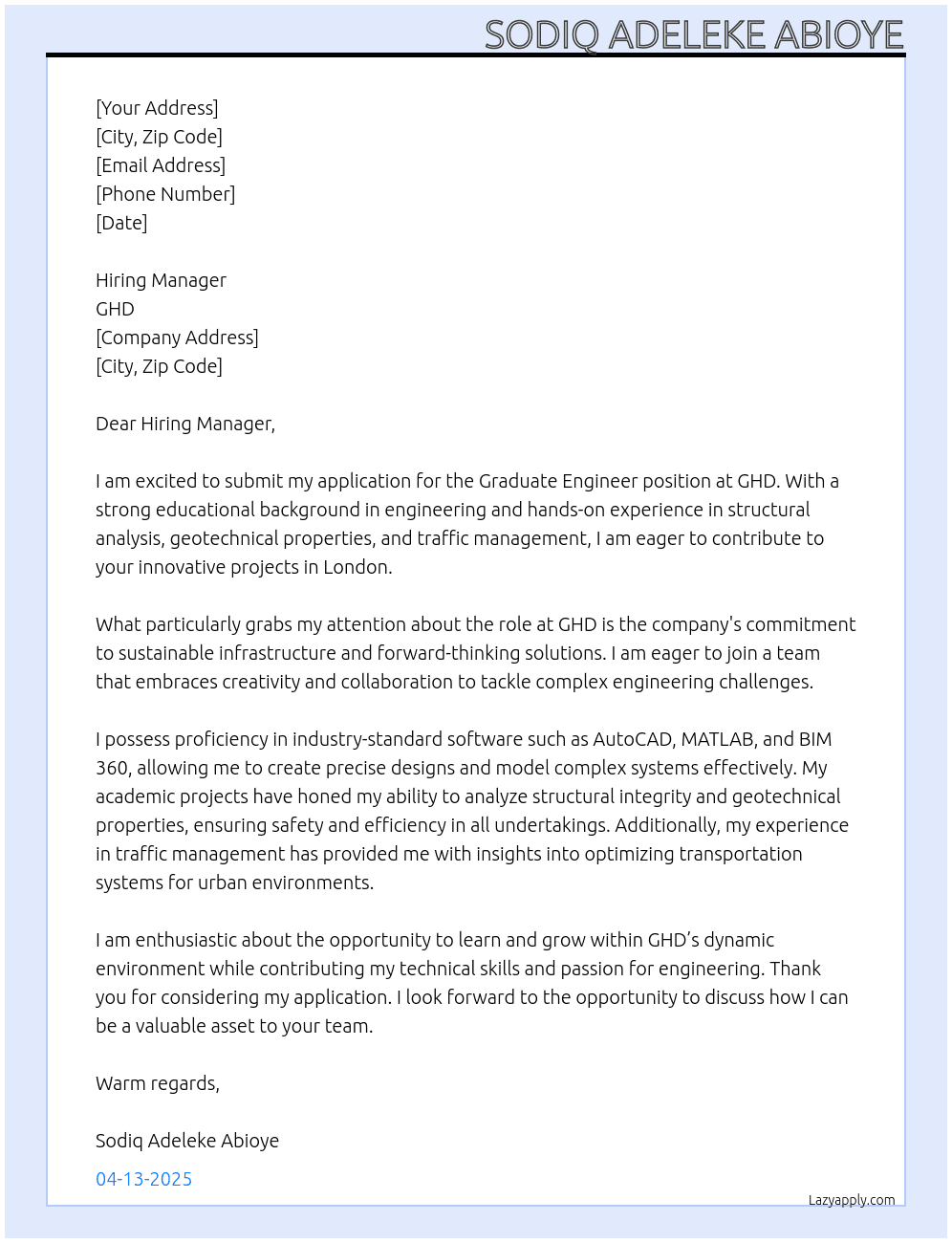 Graduate Engineer  At GHD Cover Letter