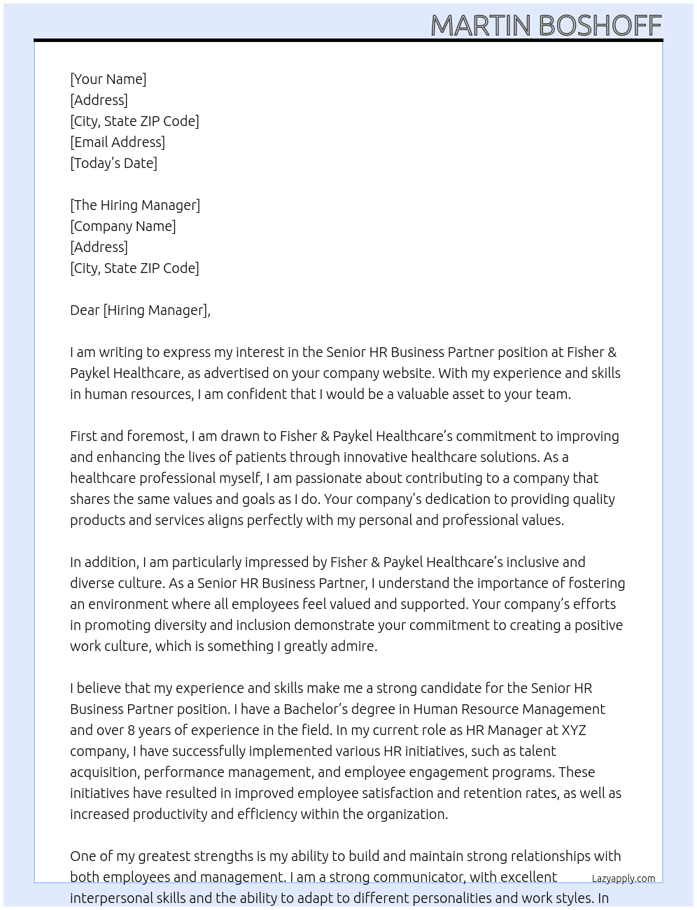Senior HR Business Partner At Fisher & Paykel Healthcare Cover Letter
