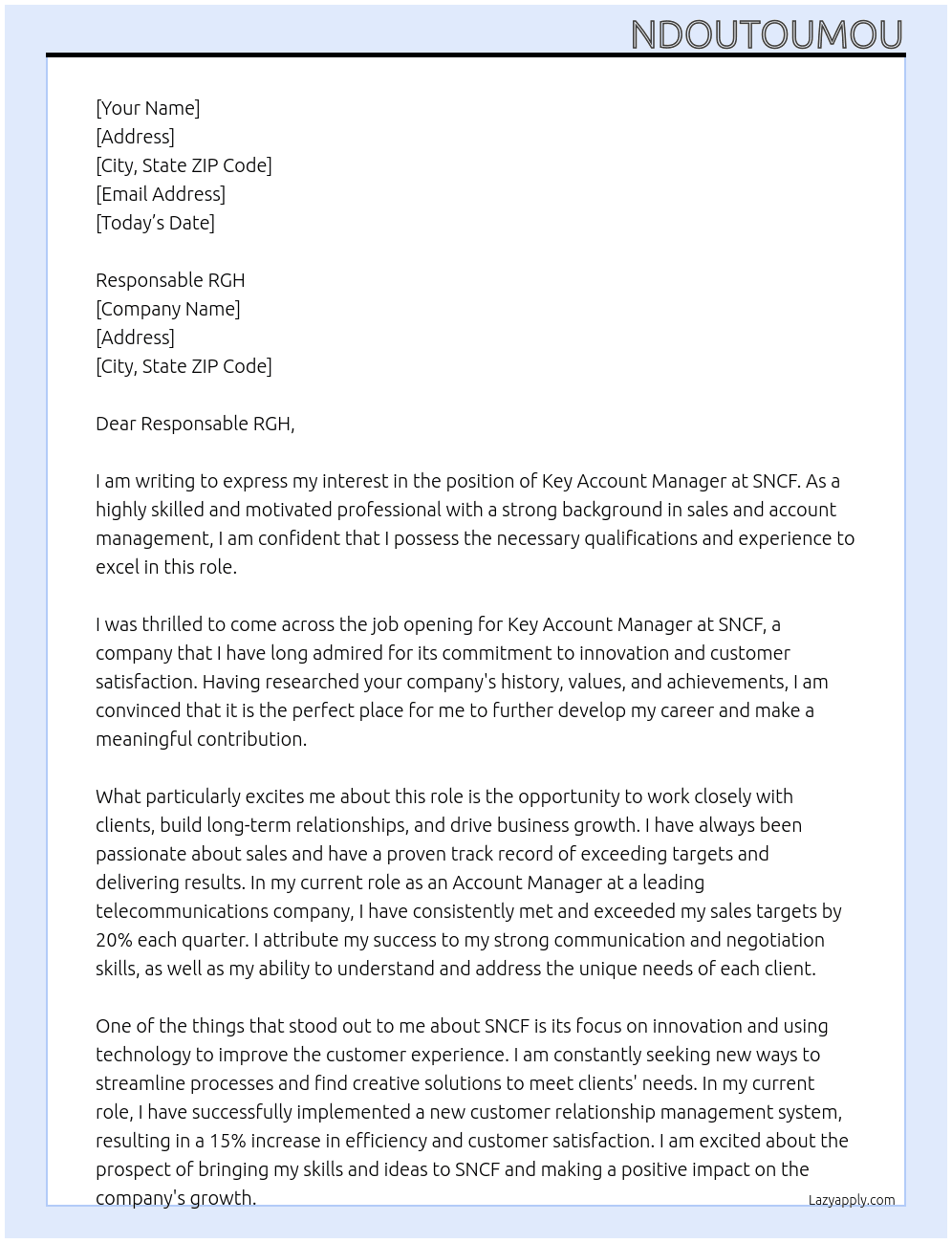 key account manager At SNCF Cover Letter