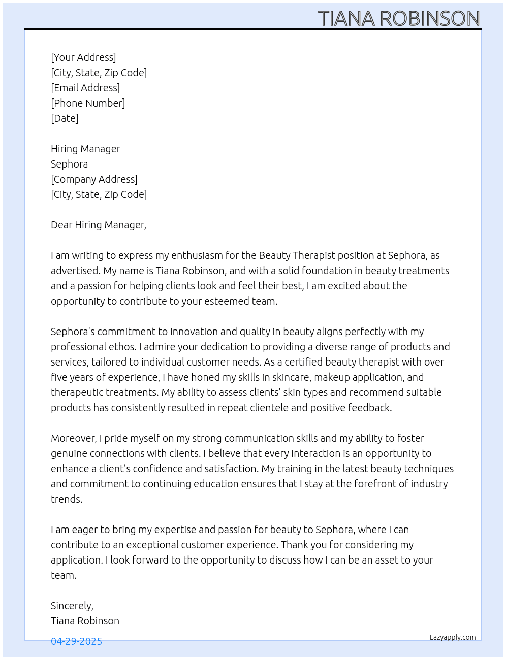 Beauty Therapist  At Sephora Cover Letter