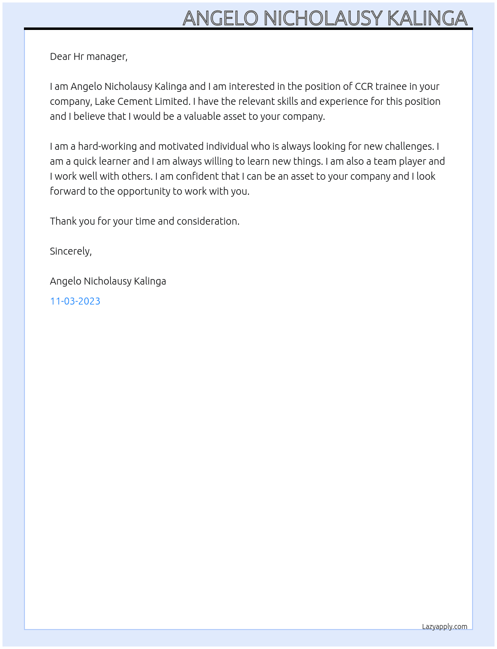 CCR trainee At Lake Cement Limited Cover Letter