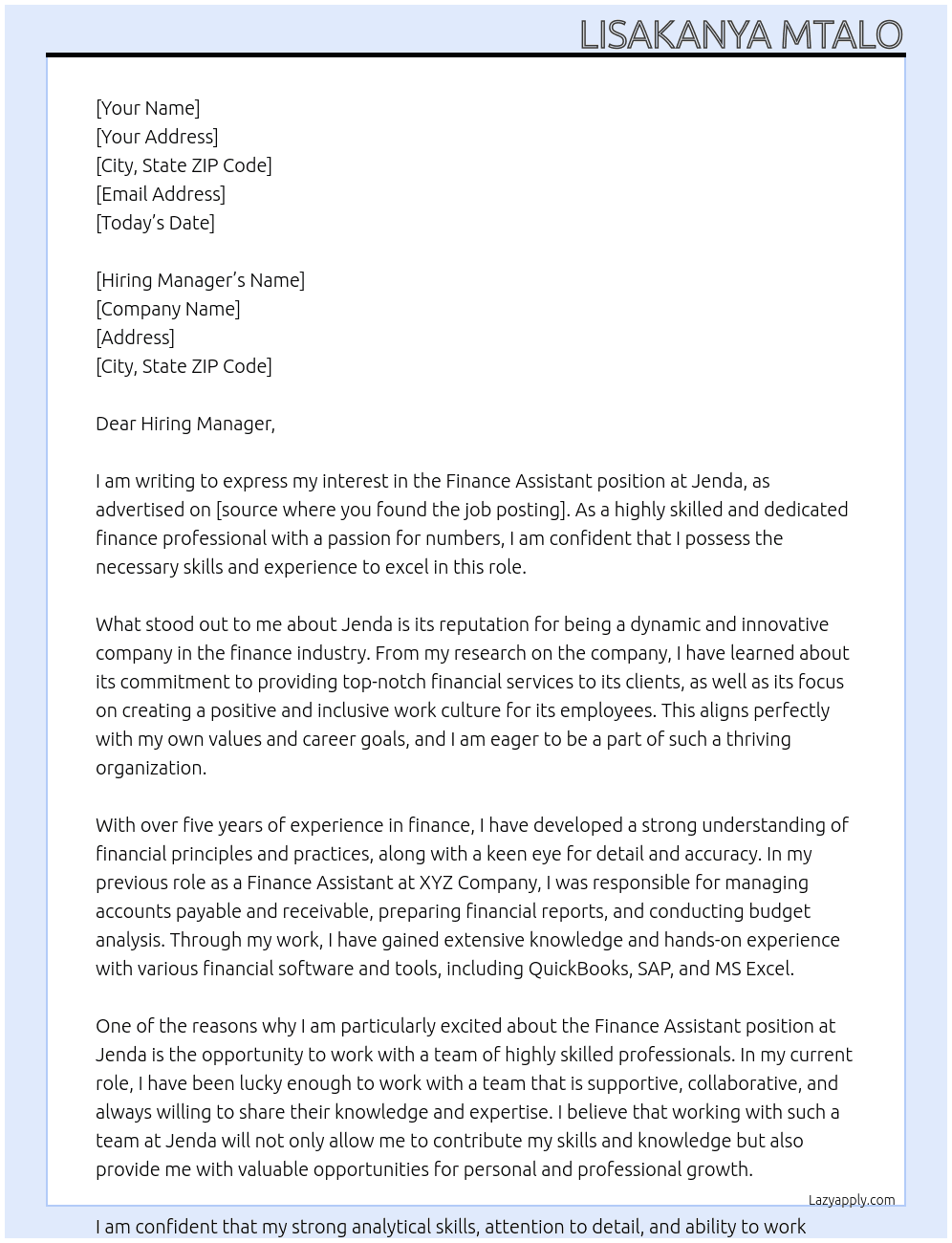 Finance Assistant At Jenda Cover Letter