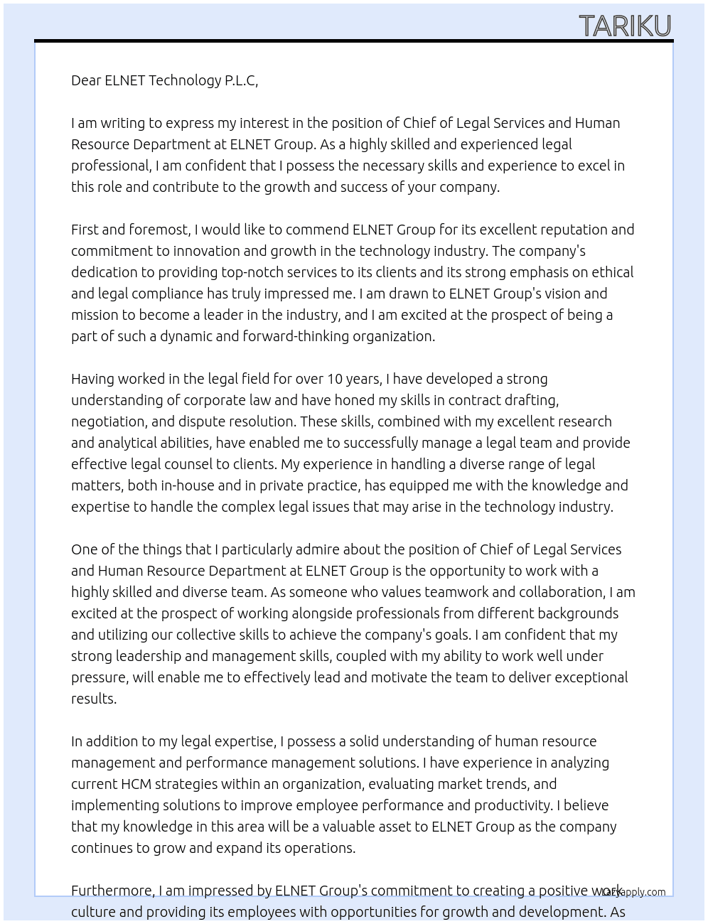 Chief, Legal Services and Human Resource Department At ELNET Group Cover Letter