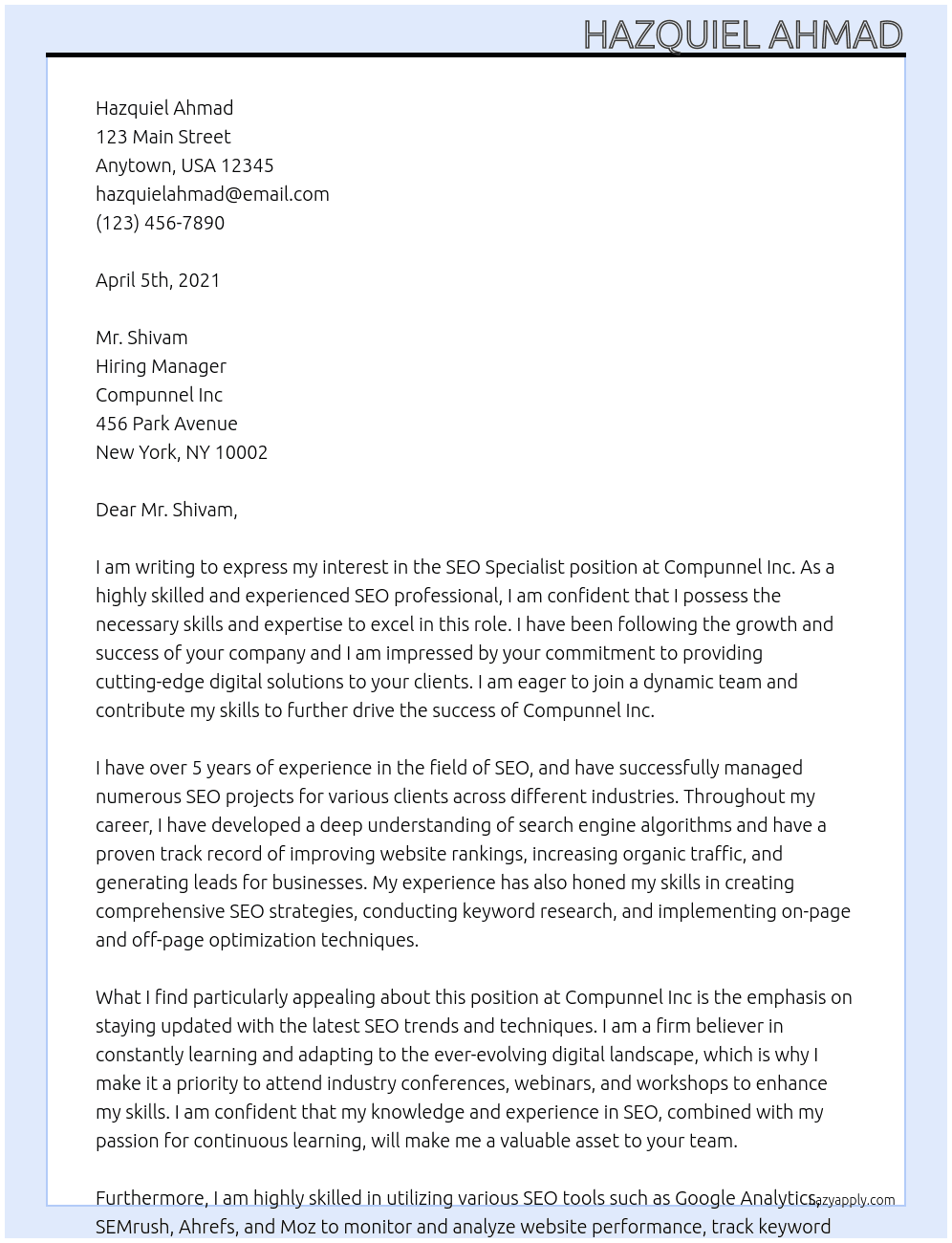 SEO specialist At Compunnel Inc Cover Letter