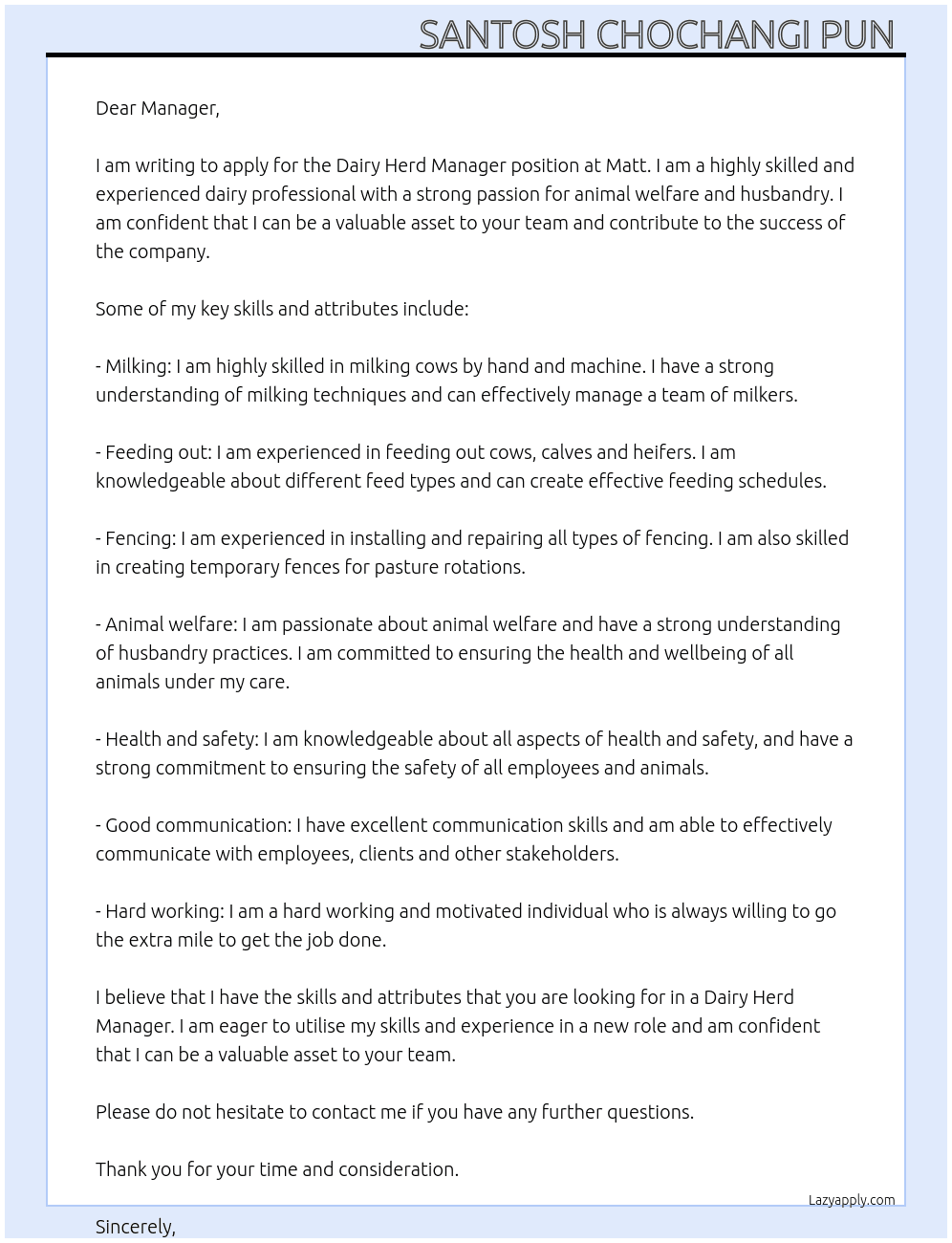Dairy Herd Manager  At Matt Cover Letter