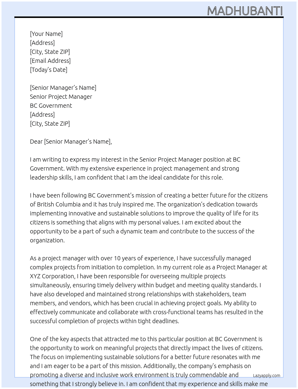 Senior Project manager At Bc government Cover Letter