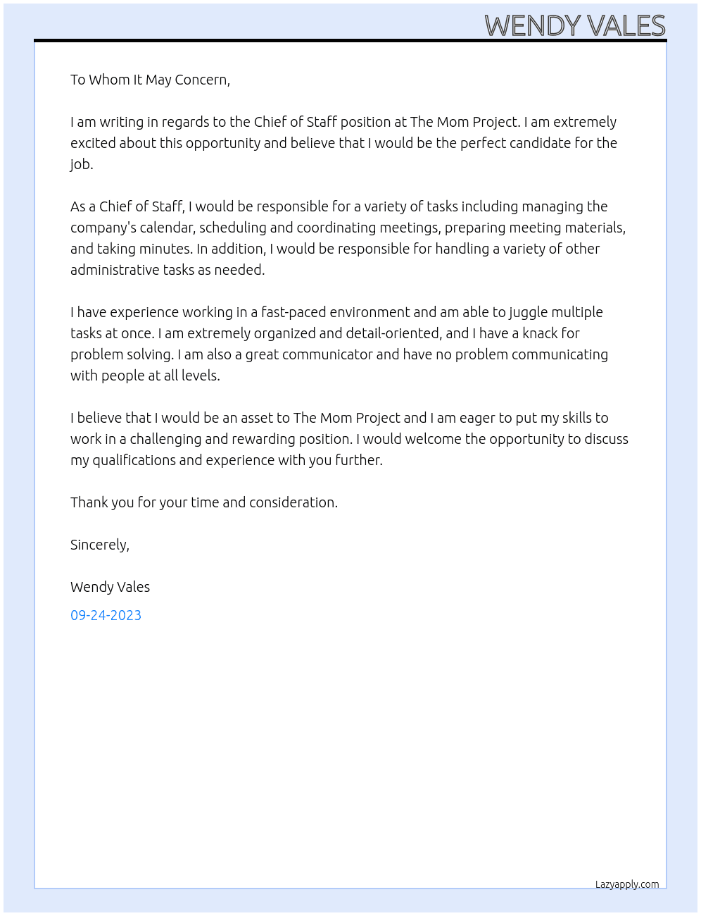 Chief of Staff At The Mom Project Cover Letter