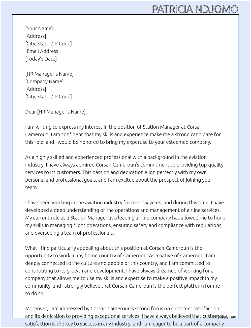station manager cameroun At corsair cameroun Cover Letter