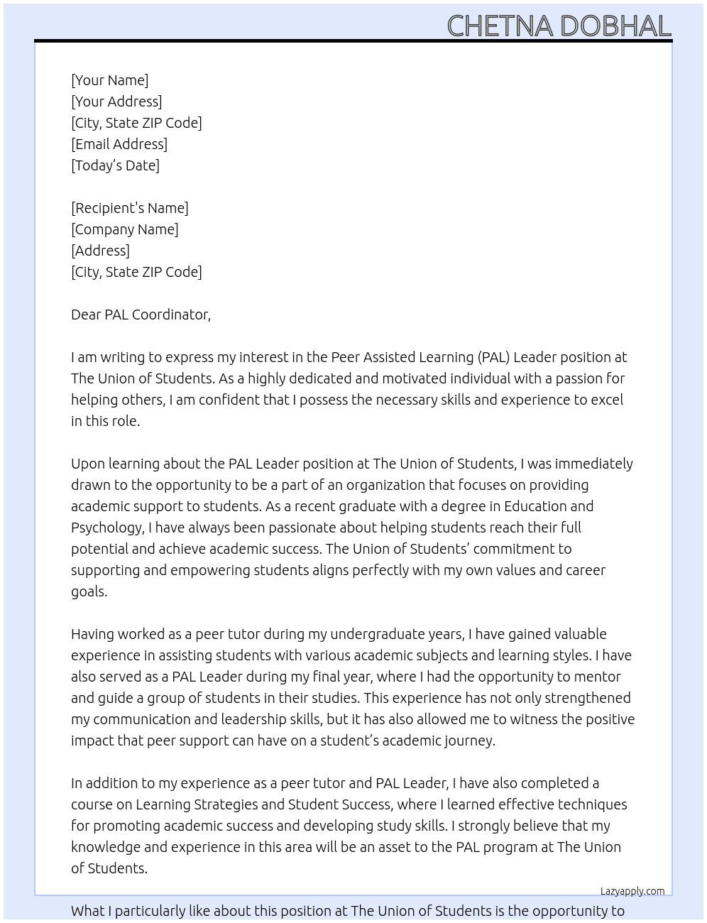 Peer Assisted Learning (PAL) Leader At The Union of Students Cover Letter
