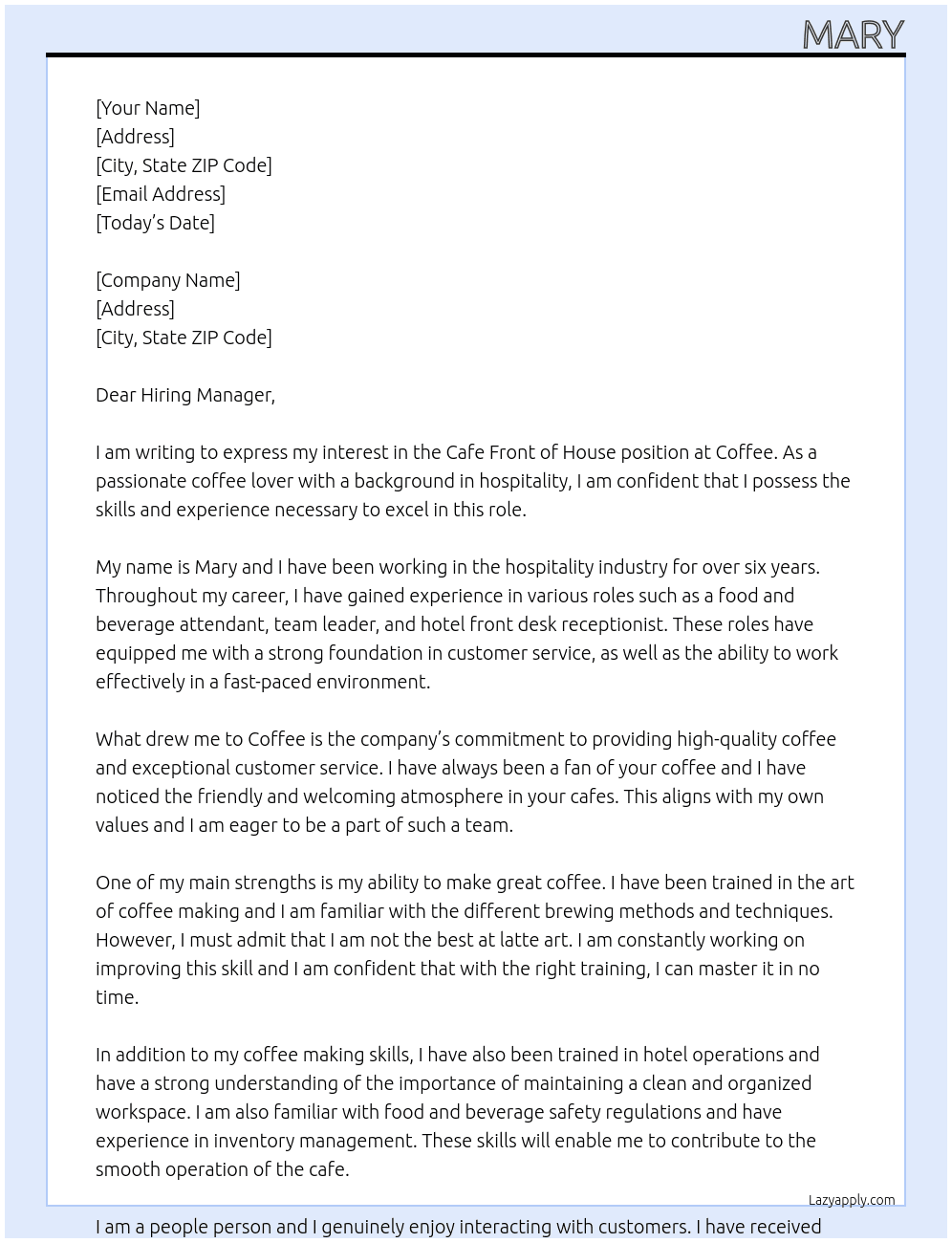 cafe front of house At Coffee  Cover Letter