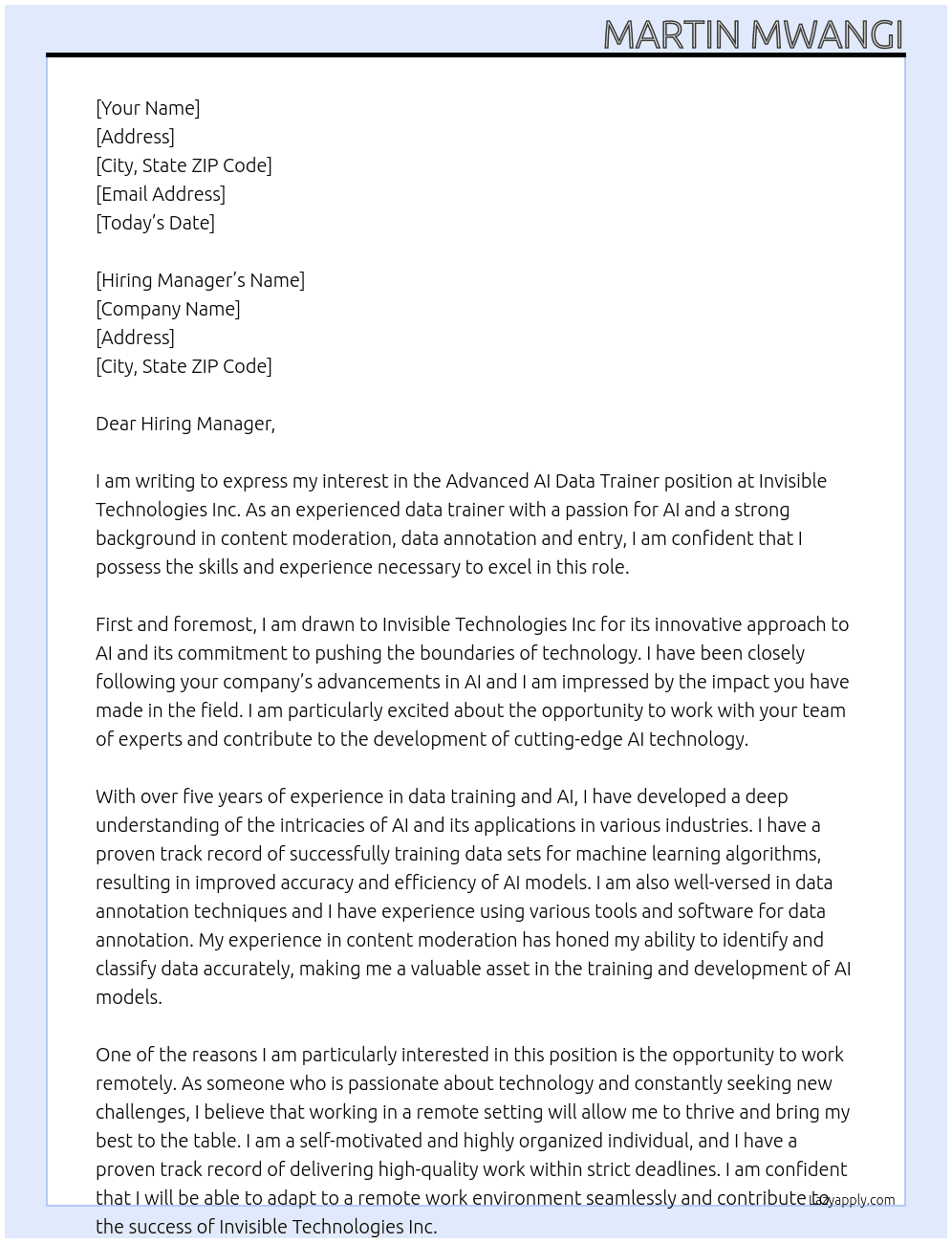 Advanced AI Data Trainer At Invisible Technologies Inc Cover Letter