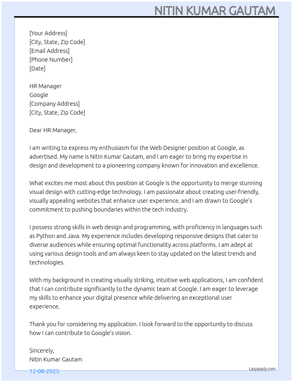 Cover letter for web designer - LazyApply