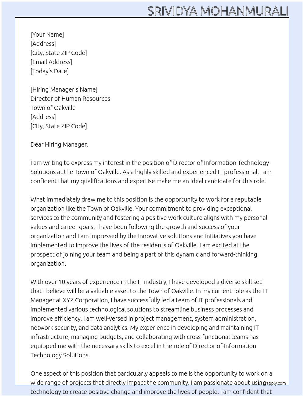Director Information Technology Solutions At Town of Oakville Cover Letter