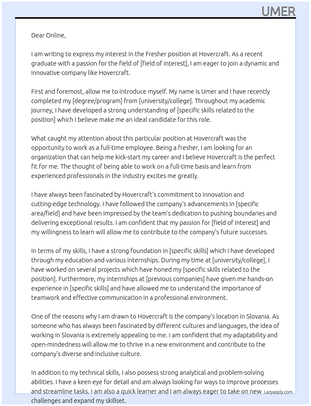 Fresher  At Hovercraft  Cover Letter