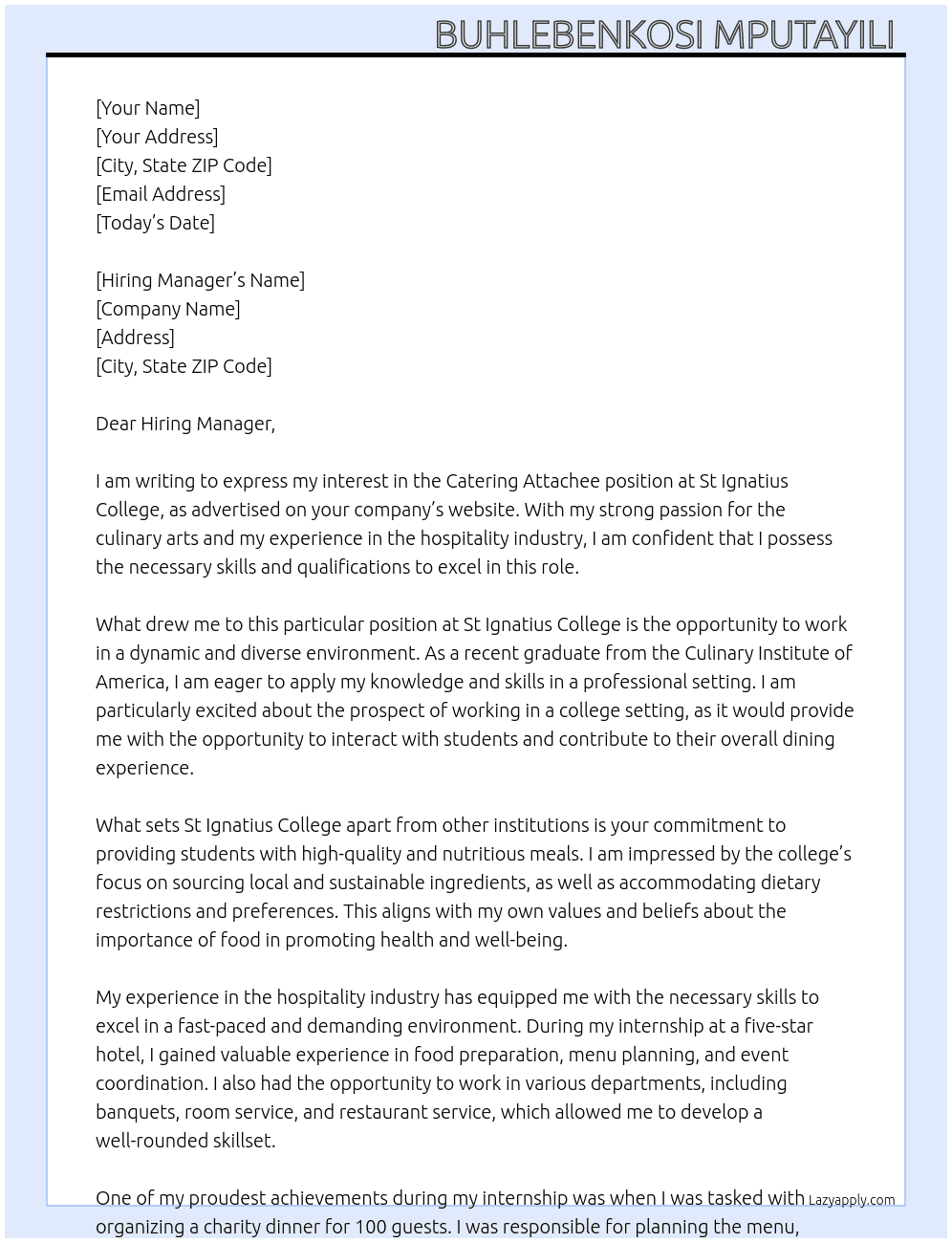 Catering Attachee  At St Ignatius College Cover Letter
