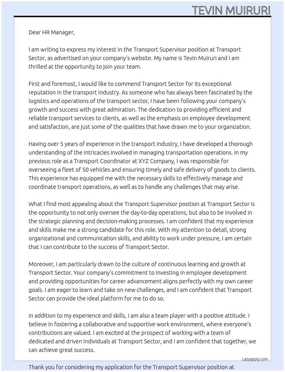 Transport Supervisor At Transport Sector Cover Letter