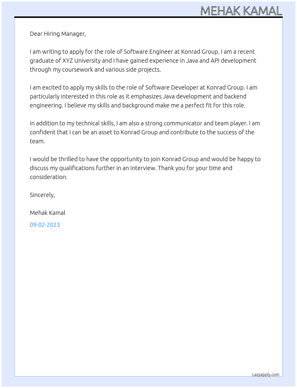 Software Engineer At Konrad Group Cover Letter