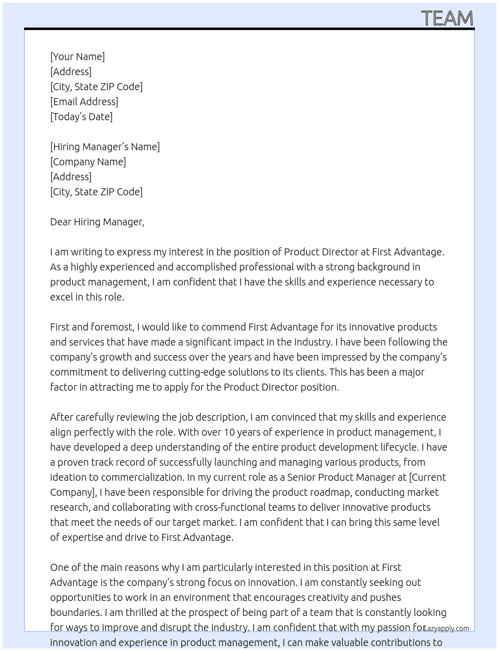 Product Director At First Advantage Cover Letter