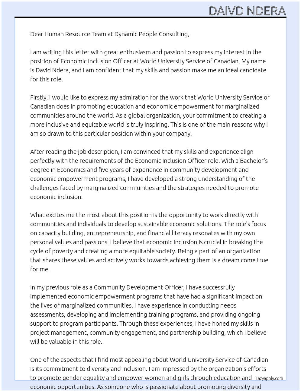 economic inclusion officer At world university service of canadian Cover Letter