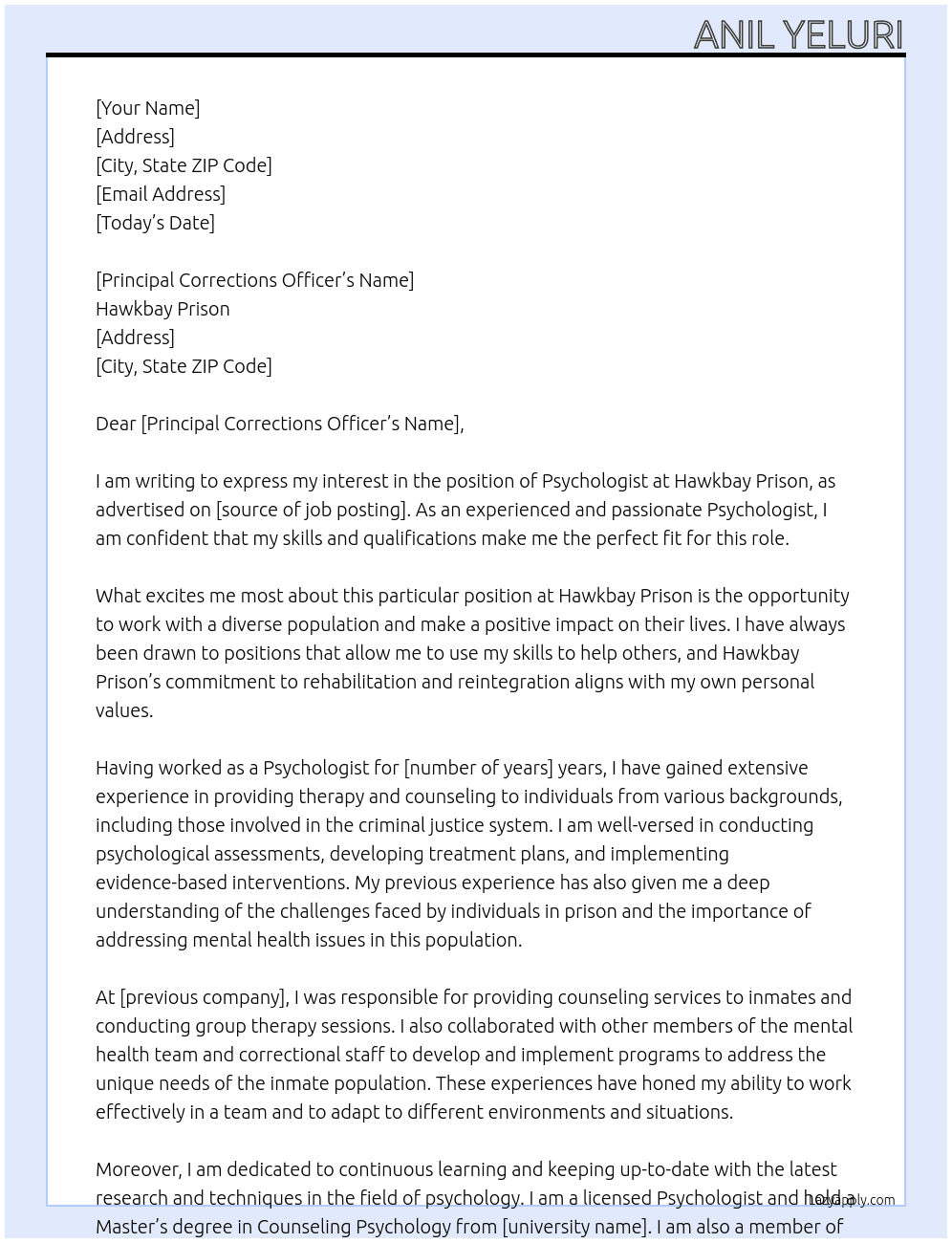 Psychologist At hawkbay prison Cover Letter
