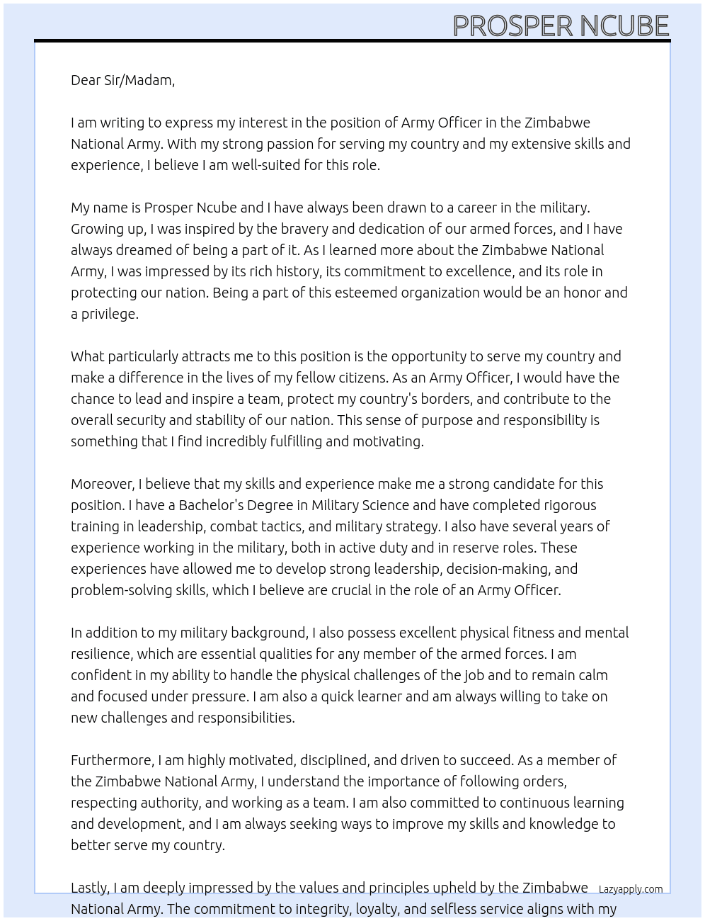 army At zimbabwe  national army Cover Letter