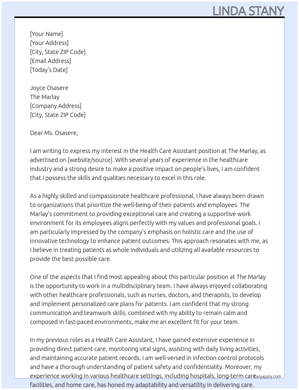 Health Care Assistant At The Marlay Cover Letter
