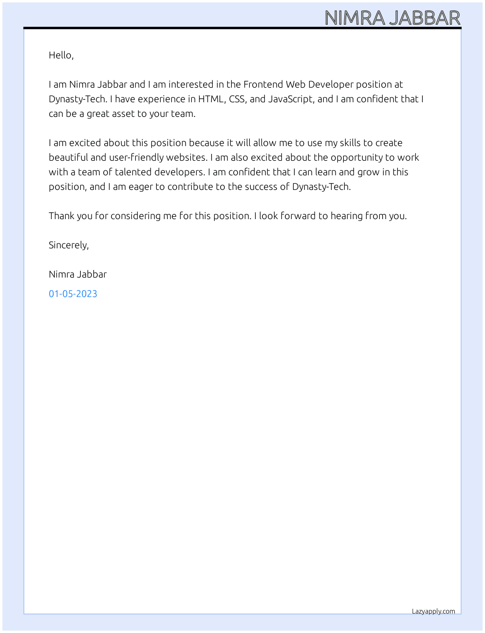 Frontend Web developer At Dynasty-Tech Cover Letter