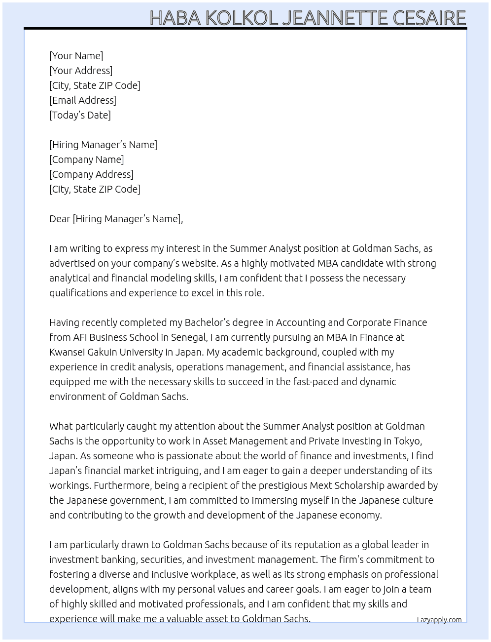 2025 | Japan | Tokyo | Asset Management, Private Investing, Summer Analyst At Goldman Sachs Cover Letter