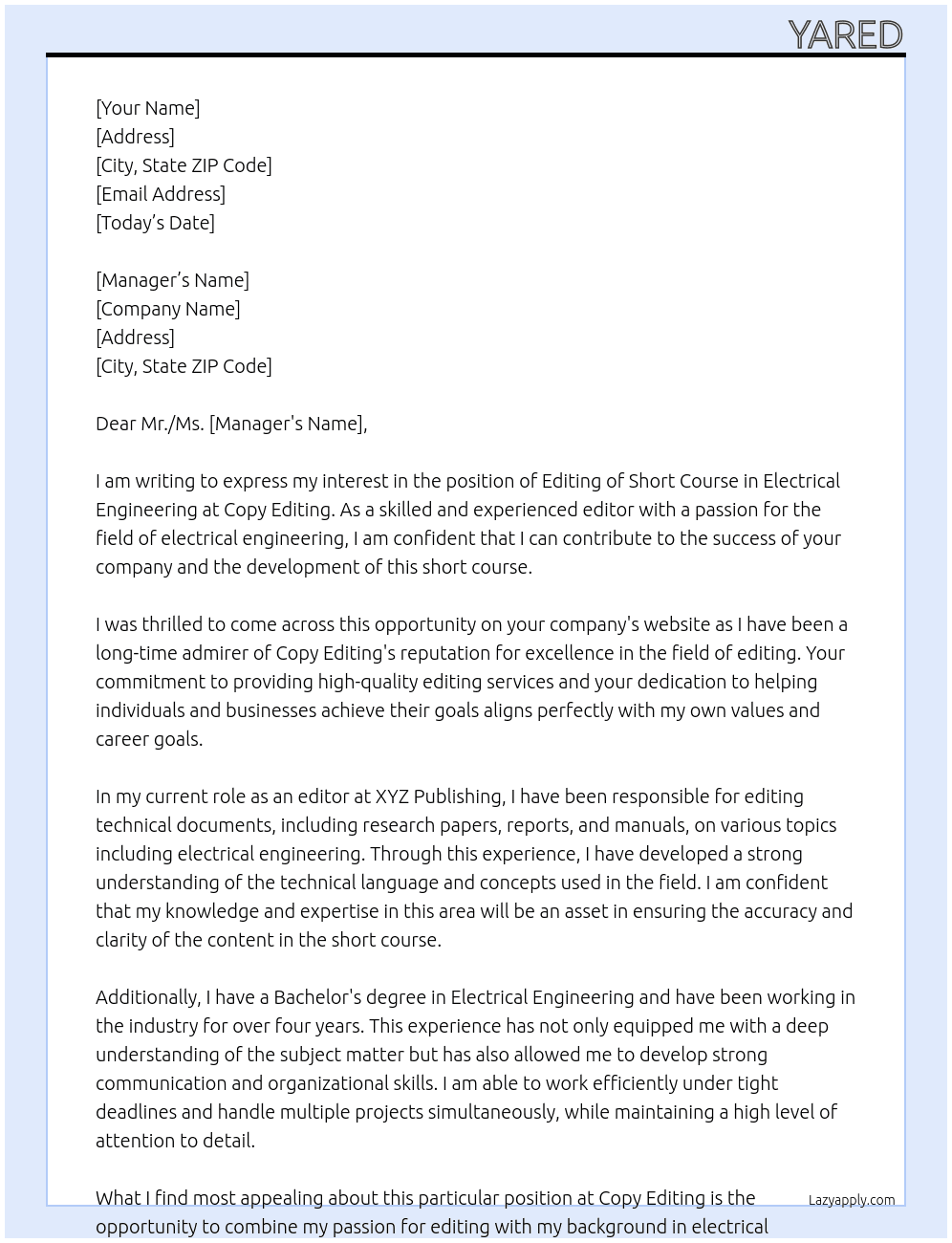 Editing of Short Course in Electrical Engineering At Copy Editing Cover Letter