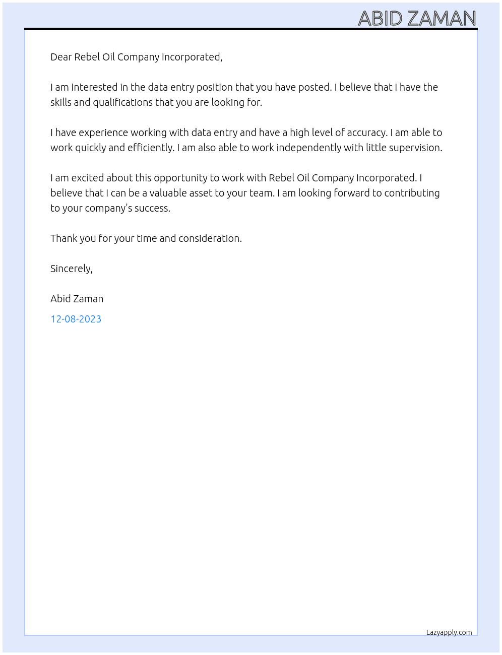 Data entry  At Rebel Oil Company Incorporated - Remote, NV Cover Letter