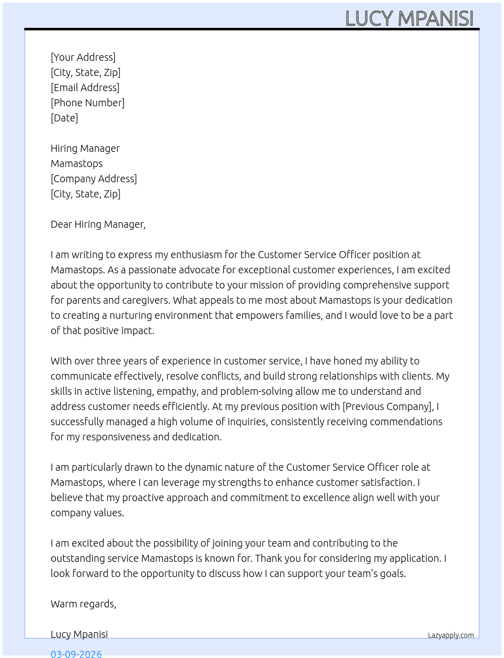 Customer service officer At Mamastops Cover Letter