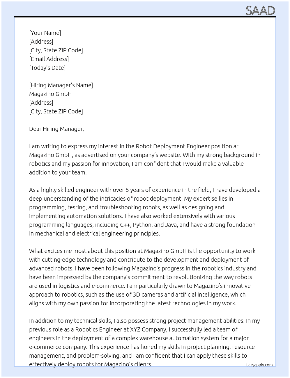 Robot Deployment Engineer At Magazino GmbH Cover Letter
