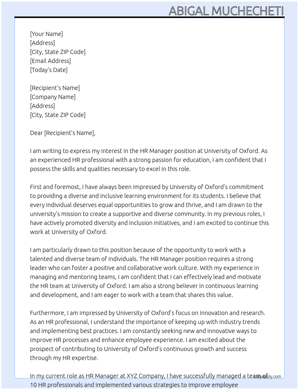 HR Manager At University of Oxford Cover Letter