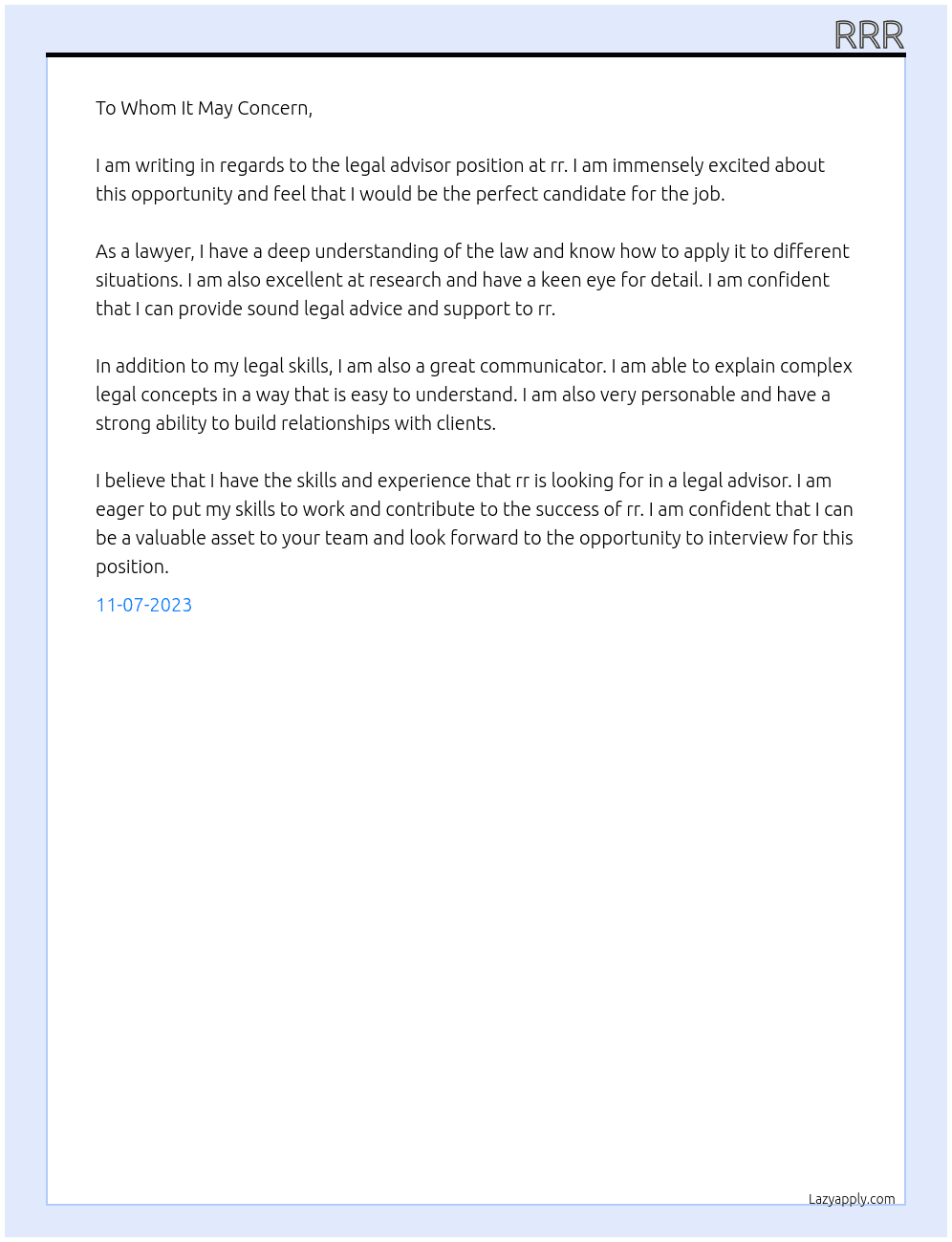 legal advisor At rr Cover Letter