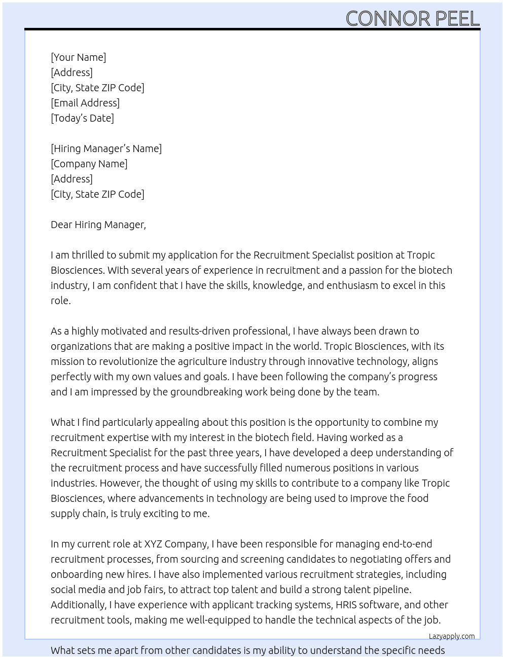 Recruitment Specialist At Tropic Biosciences Cover Letter