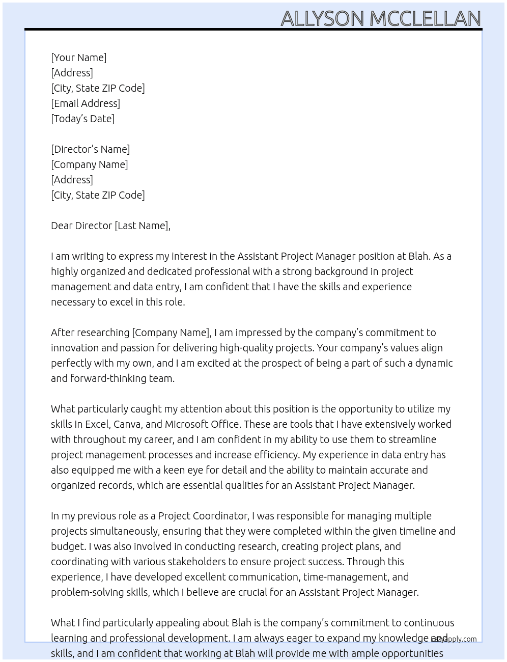 Assistant project manager At Blah Cover Letter