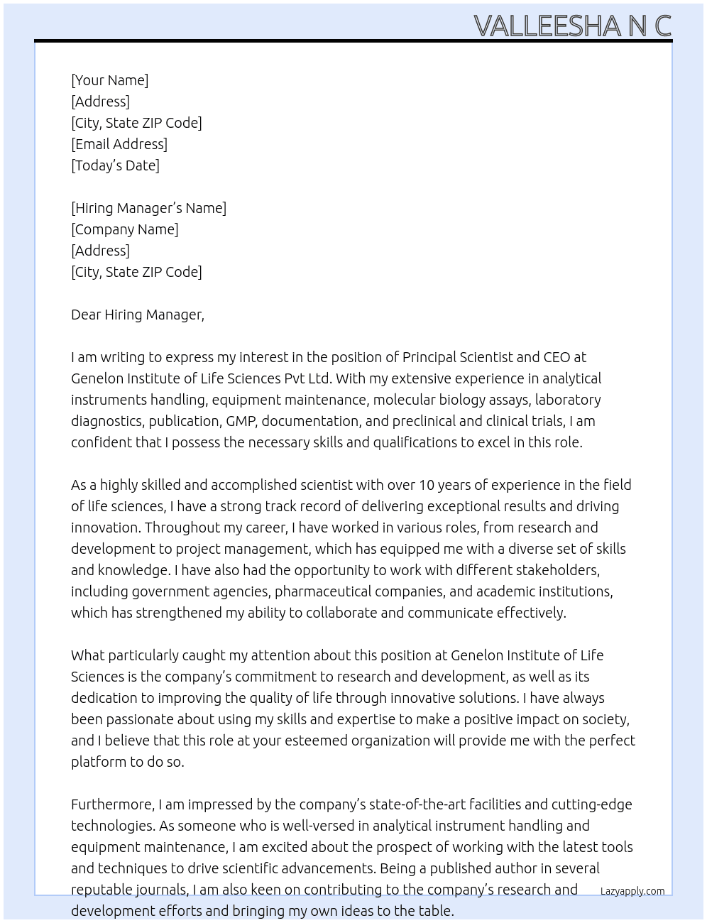 Principal Scientist and CEO At genelon institute of life sciences pvt ltd Cover Letter
