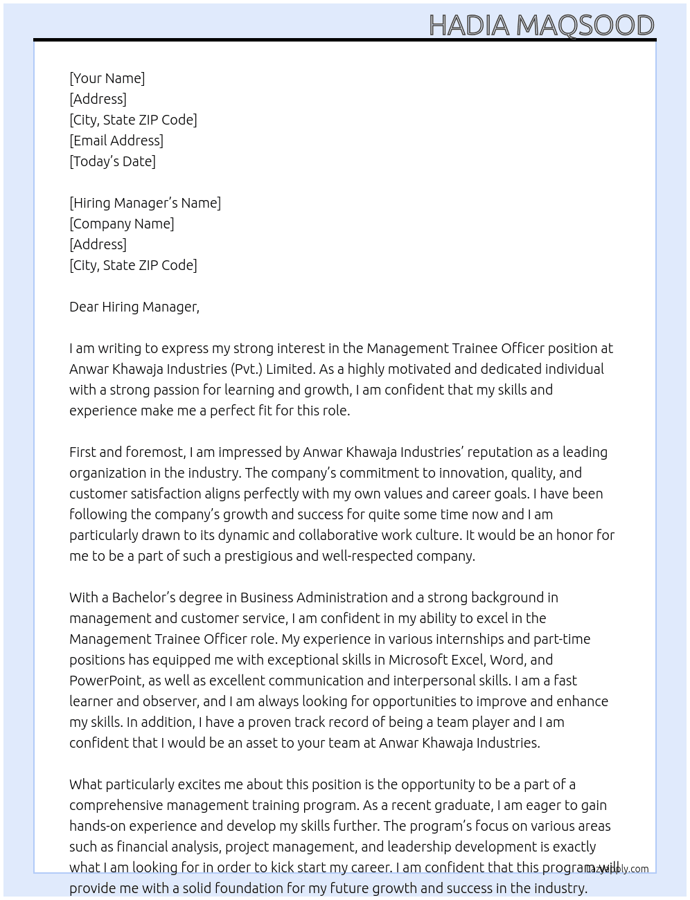 Management Trainee Officer  At Anwar khawaja Industries (Pvt.) Limited  Cover Letter