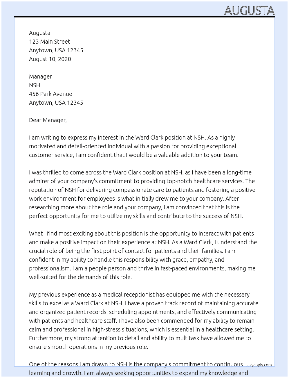 Ward Clark  At NSH Cover Letter