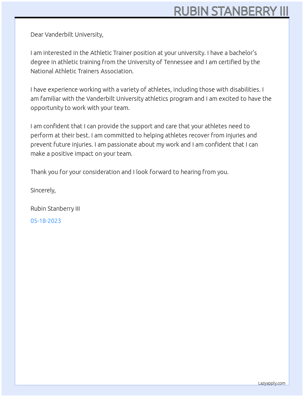 Athletic Trainer At Vanderbilt University  Cover Letter