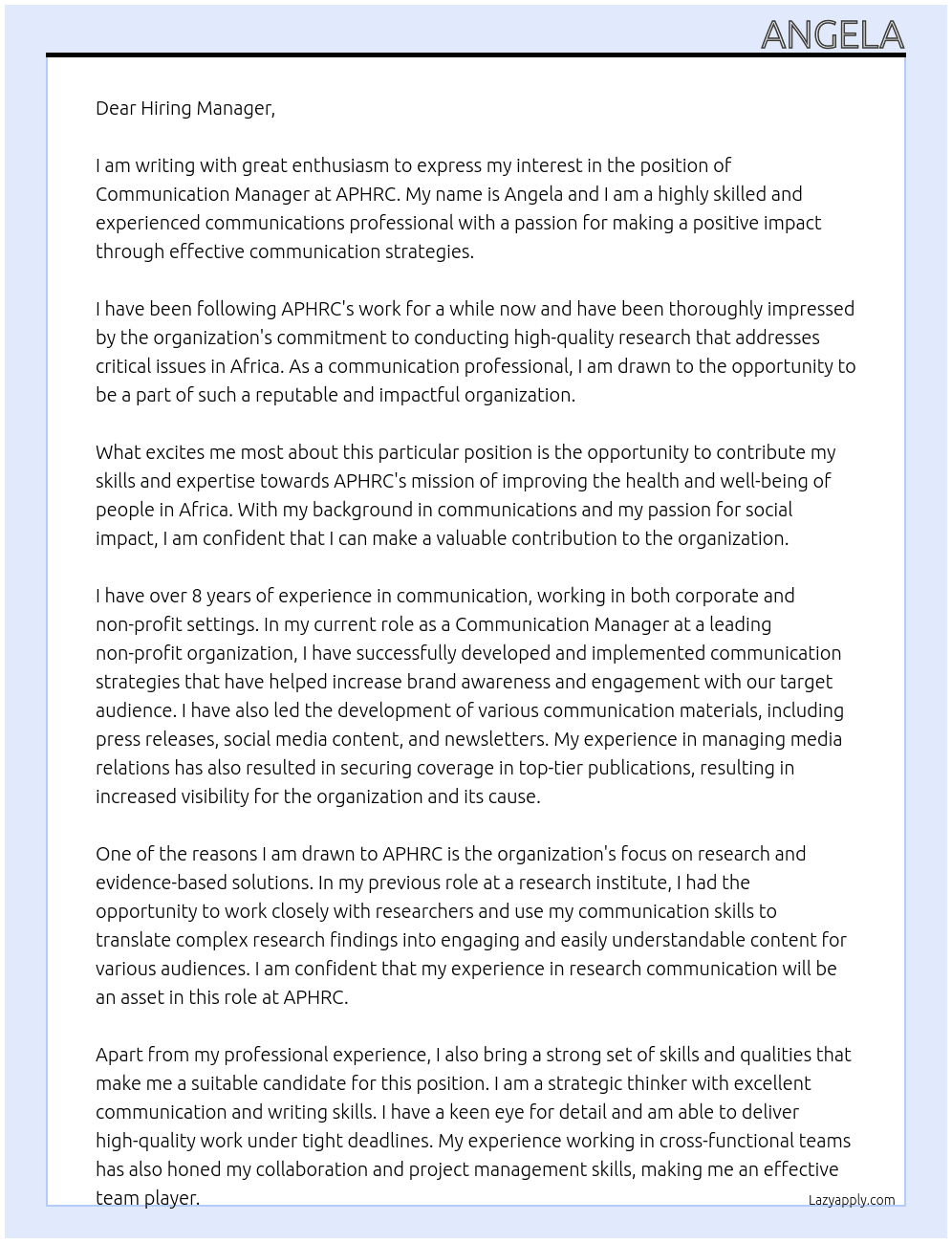 Communication Manager At APHRC Cover Letter