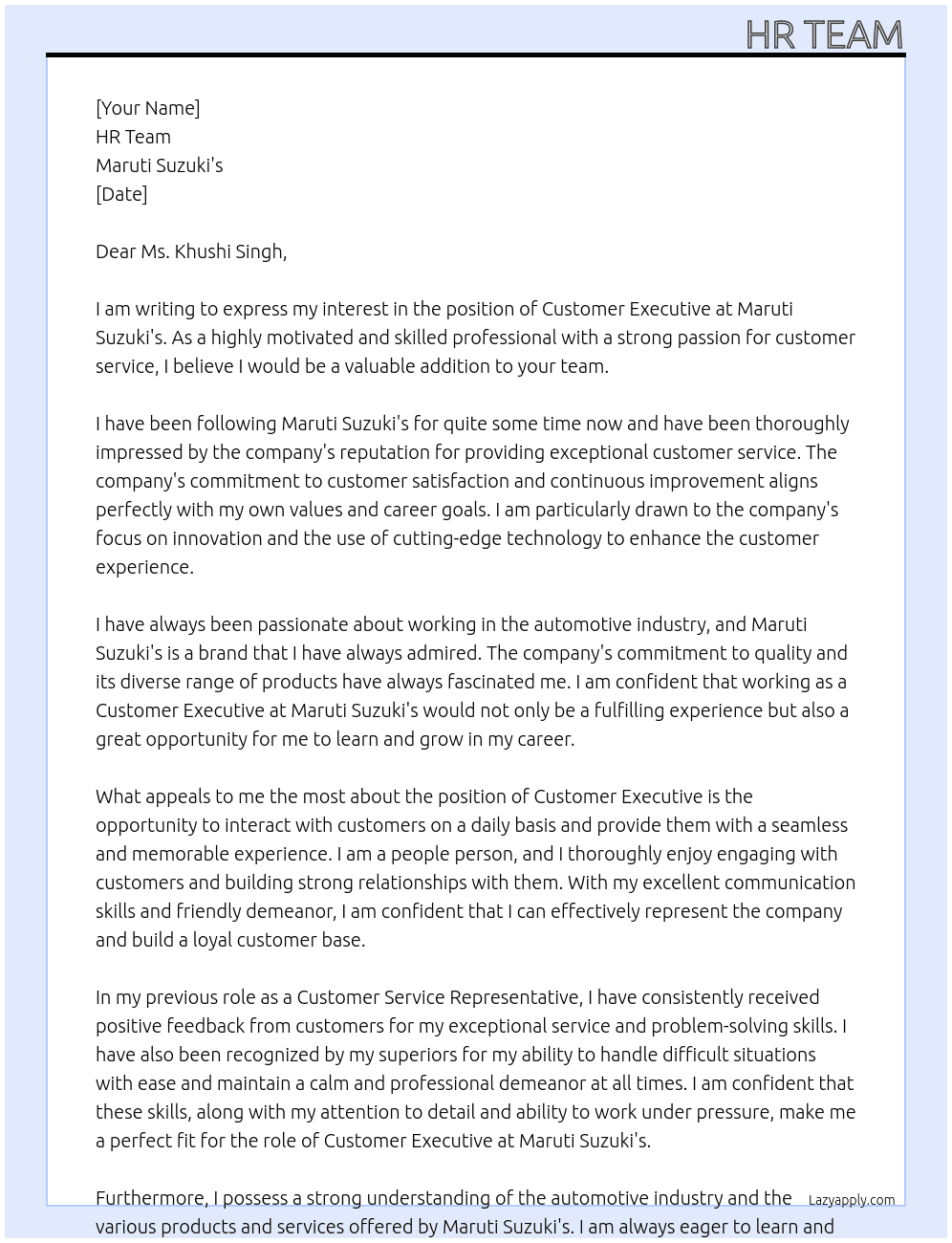 Customer Executive At Maruti Suzuki's Cover Letter